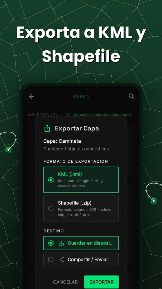 Exportar capas a KML y Shapefile en la app Lindero